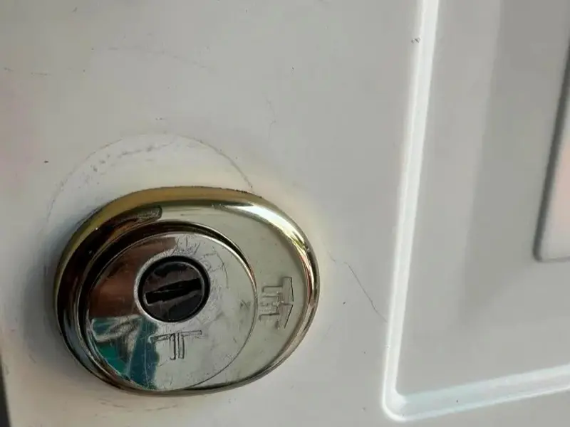 Escudo de seguridad en una puerta blanca